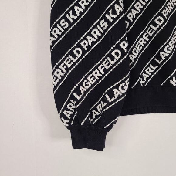 KARL LAGERFELD Diagonal Logo Sweater Medium Black White Crew Neck Bishop Sleeve - Picture 6 of 12